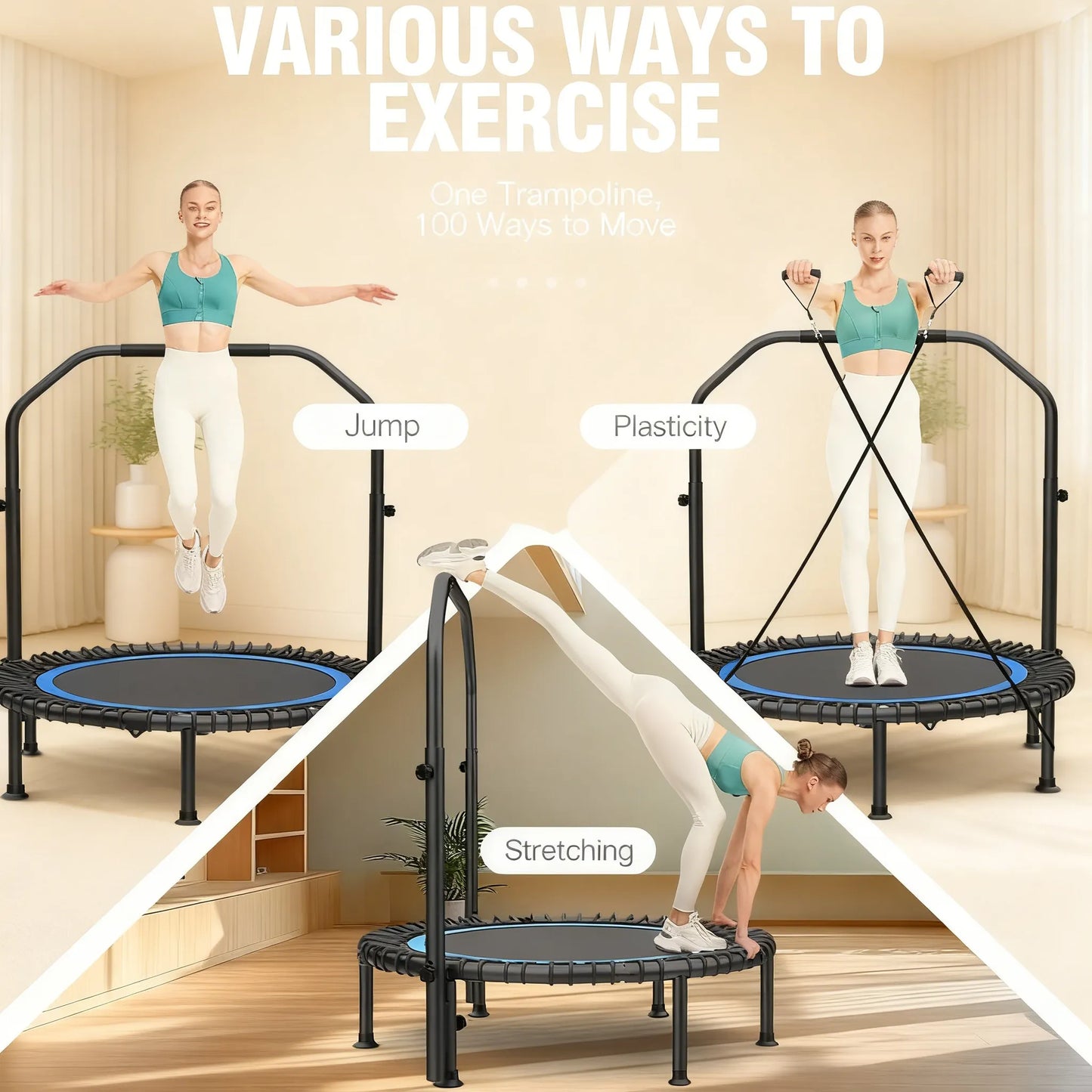 Foldable Home Trampoline with Stability Bar (15-Min Daily Full-Body Workout)