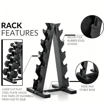 150LB Rubber-Coated Dumbbell Set with Vertical Storage Rack