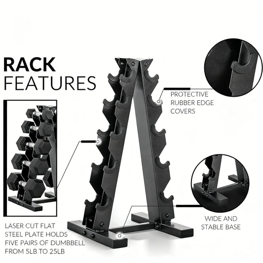 150LB Rubber-Coated Dumbbell Set with Vertical Storage Rack