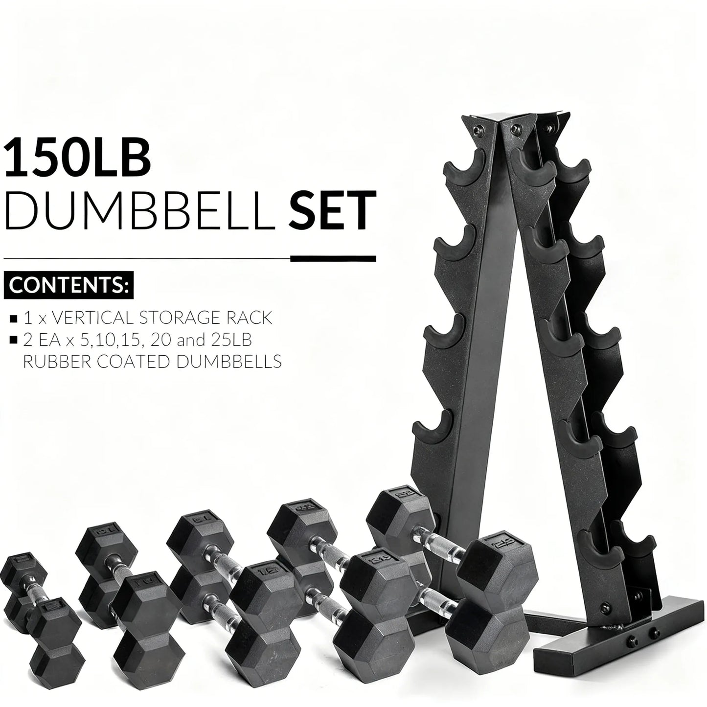 150LB Rubber-Coated Dumbbell Set with Vertical Storage Rack
