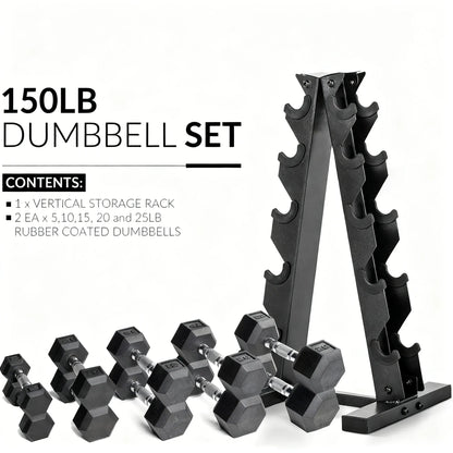 150LB Rubber-Coated Dumbbell Set with Vertical Storage Rack
