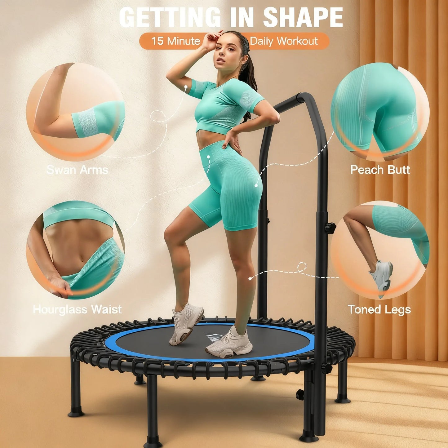 Foldable Home Trampoline with Stability Bar (15-Min Daily Full-Body Workout)