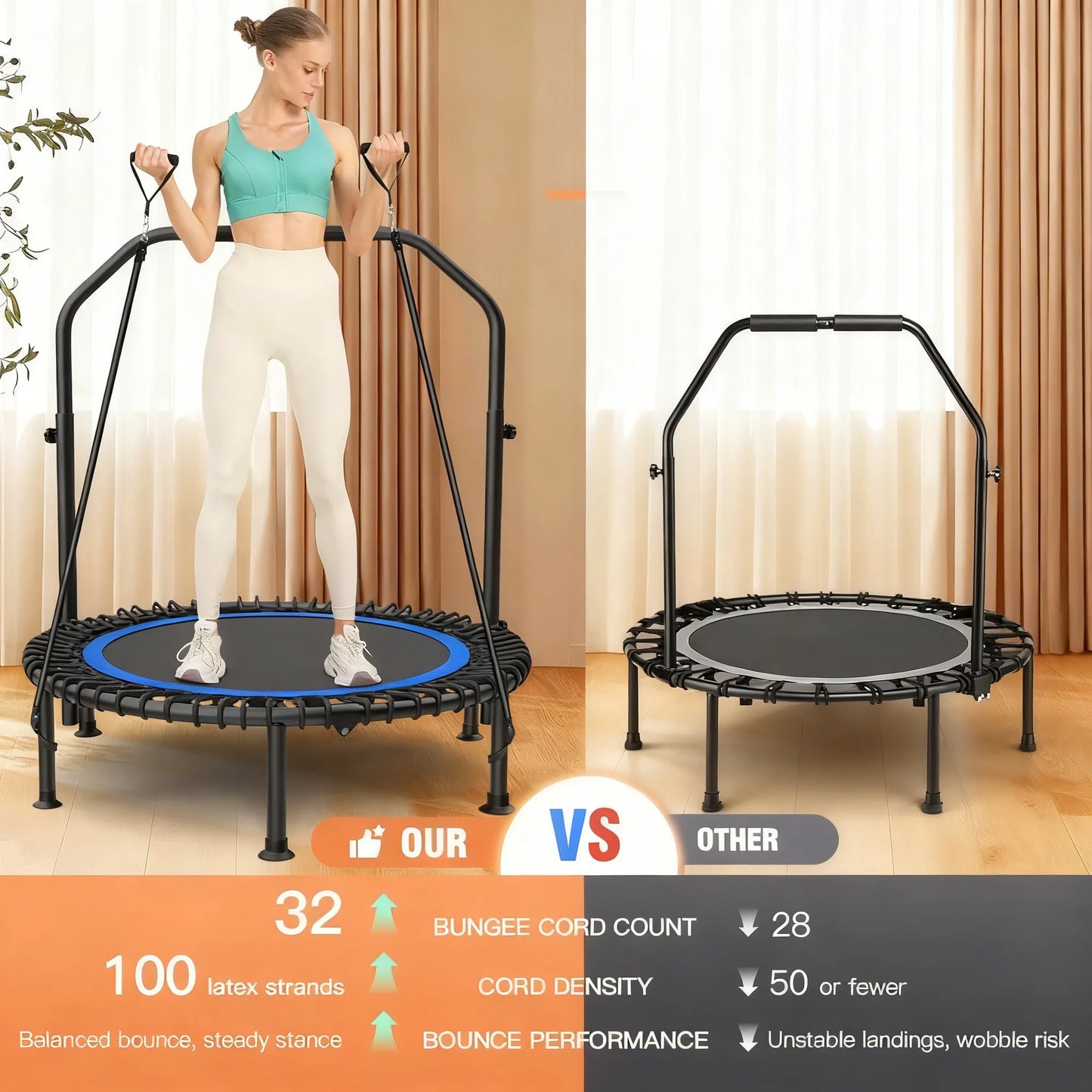 Foldable Home Trampoline with Stability Bar (15-Min Daily Full-Body Workout)