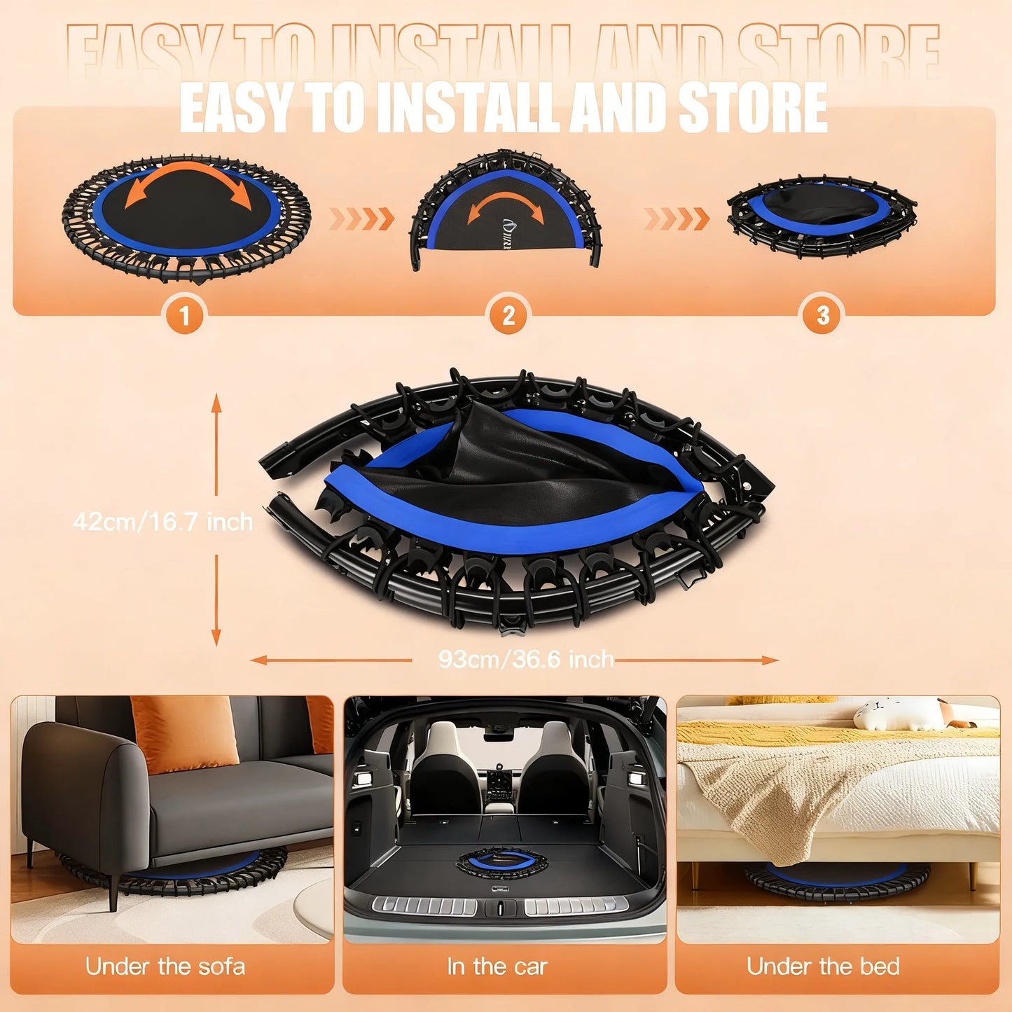 Foldable Home Trampoline with Stability Bar (15-Min Daily Full-Body Workout)