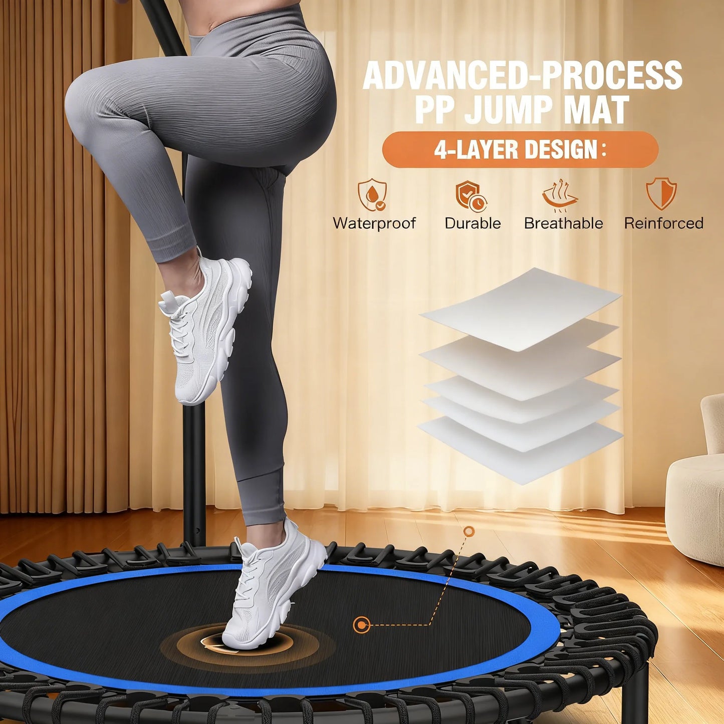 Foldable Home Trampoline with Stability Bar (15-Min Daily Full-Body Workout)