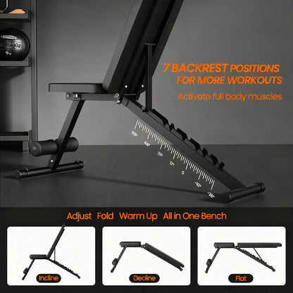 600LB Capacity Adjustable Foldable Weight Bench with 7-Position Backrest